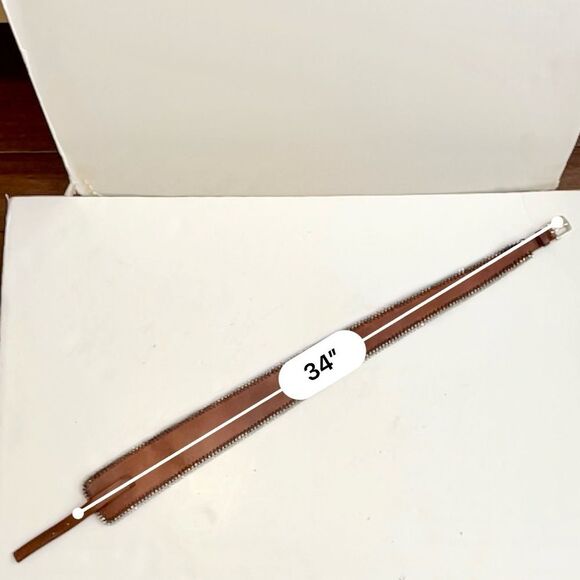 Calvin Klein Brown Leather Belt with Silver Chain Accents Angled Size S - Picture 3 of 8